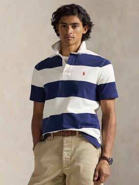 POLO RALPH LAUREN CLASSIC FIT RUGBY POLO SHIRT COBALT/DECKWASH WHITE 100% Cotton